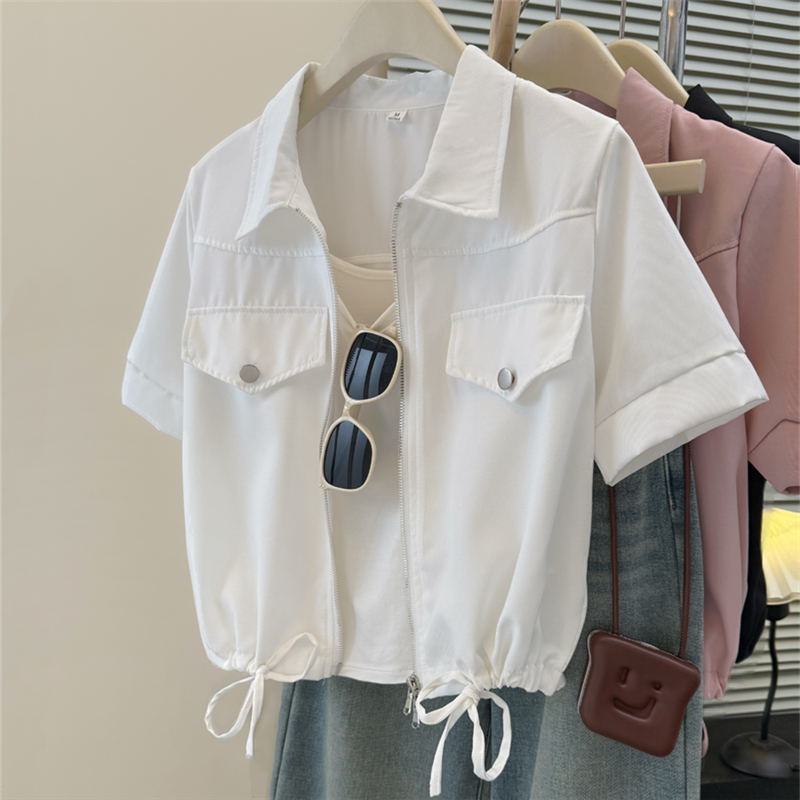 Plus Size Polo Collar Short Jacket for Women, Summer Versatile Shirt with Zipper, Casual Workwear Short-Sleeve Shirt