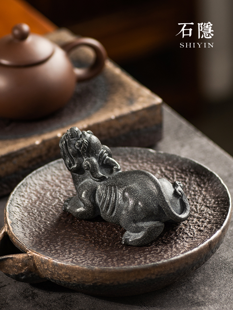 Stone hidden sculpture handmade black gold stone head color change tea pet ornaments can raise lucky tea play Pixiu tea ceremony gifts