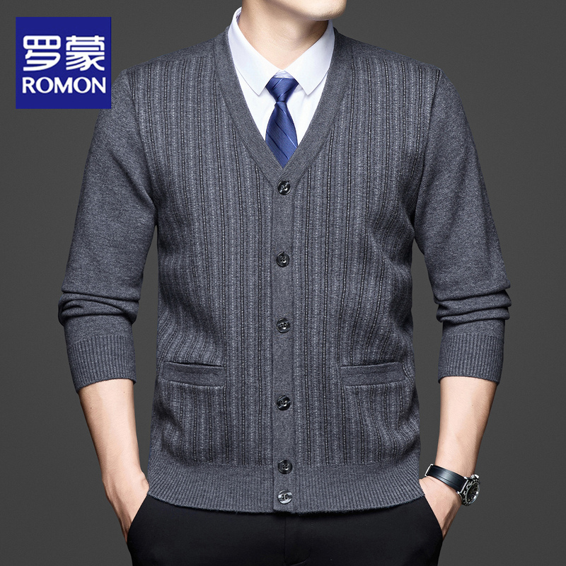 Romon Men's Wool Cardigan Spring and Autumn New V-Neck Sweater Middle-Aged and Elderly Dad's Top Loose Warm Knitwear