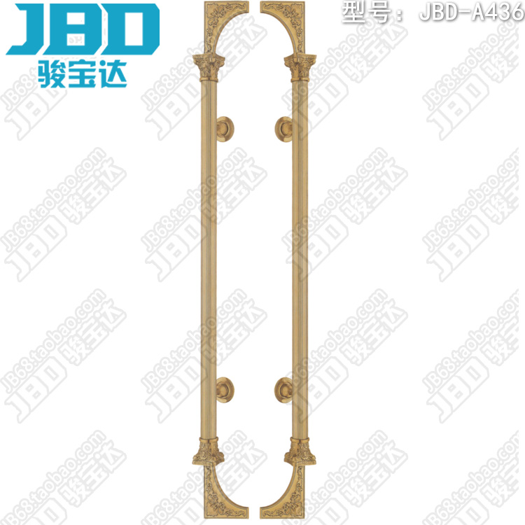 Carved luxury European-style ancient square head golden bronze vertical pattern handle glass large wooden door hotel push handle A436