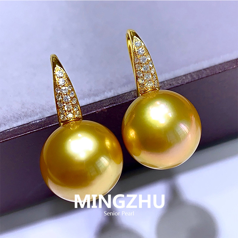 南洋金珠菲律宾天然浓金海水珍珠耳坠12-13mm正圆极强光18K金钻石：奢华闪耀，让你成为全场焦点！-耳饰-淘宝好物网