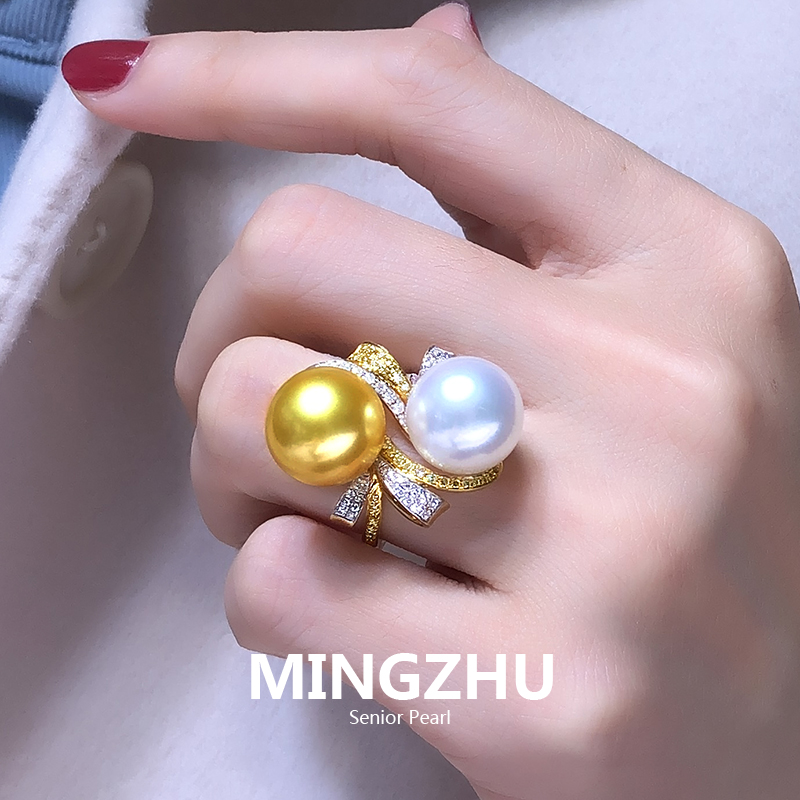天然色澳洲海水南洋白珠浓金双珍珠双色戒指12-13mm18k金镶钻石