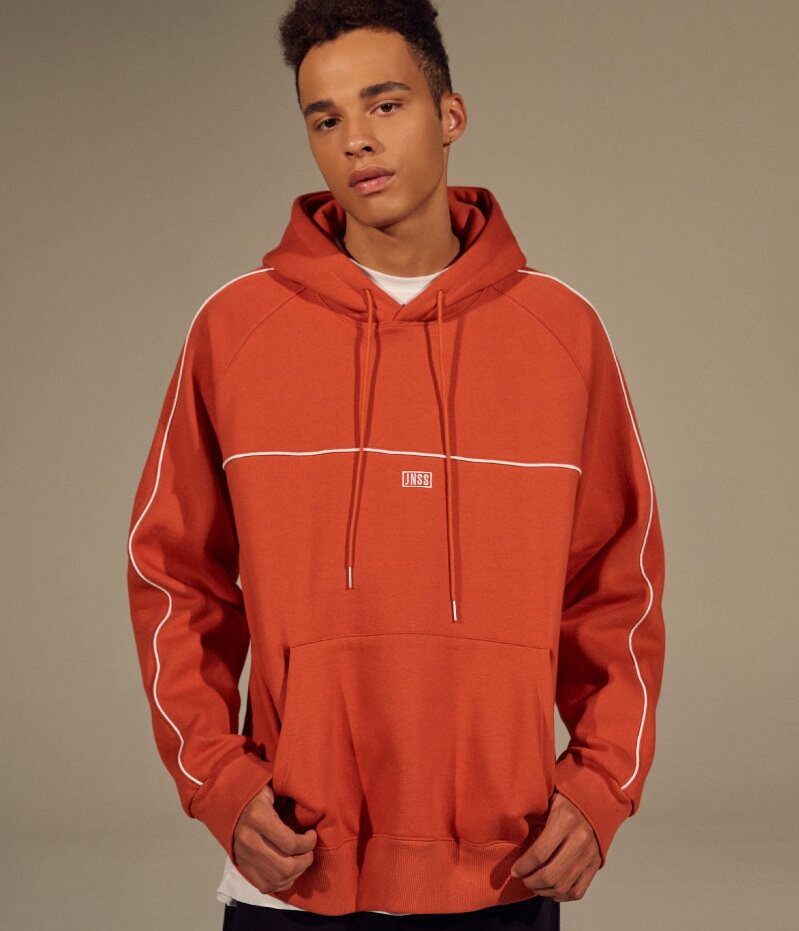 新面包韩国直邮潮牌JEUNESSE男女JNSS插肩袖连帽卫衣黑橙色加绒