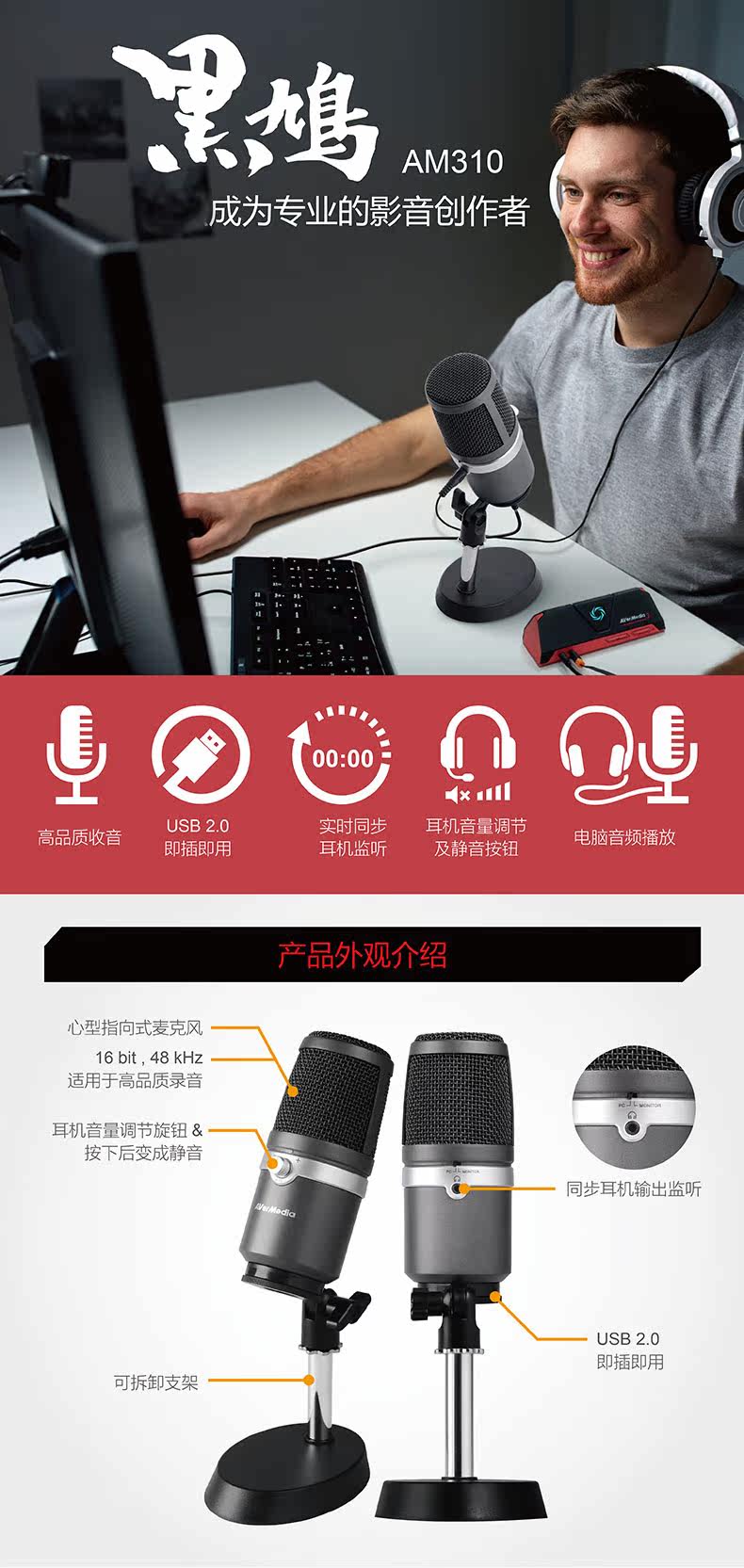 圓剛AM310專業級USB電容麥克風 網紅喊麥k歌遊戲錄音 指向性收音