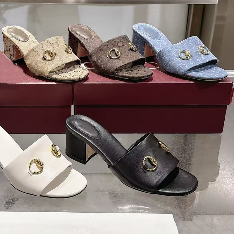 G Horsebit Strap Flat Sandals for Women, Denim Canvas Jacquard Letter Fashion Versatile Genuine Leather Open-Toe Chunky High-Heeled Slippers