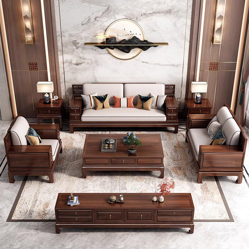 New Chinese style solid wood sofa Chinese style simple modern ebony wood high-end large-sized villa living room combined furniture