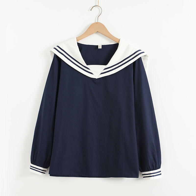 Japanese-Style Schoolgirl Navy Collar Long-Sleeved Shirt for Female Students, Sweet Dark Blue Top, Spring and Autumn Pullover Shirt Japanese-Style Schoolgirl Navy Collar Long-Sleeved Shirt for Female Students, Sweet Dark Blue Top, Spring and Autumn Pullover Shirt