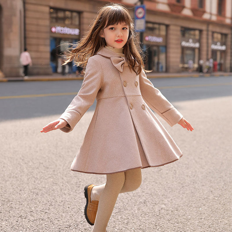 Girls' woolen coat 2021 new middle-aged children's woolen coat mid-length version thickened autumn and winter dress Western style bow