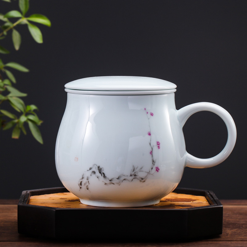 Jingdezhen ceramic cups with cover filter tea cup men 's and women' s individual office water shadow blue gift porcelain cup