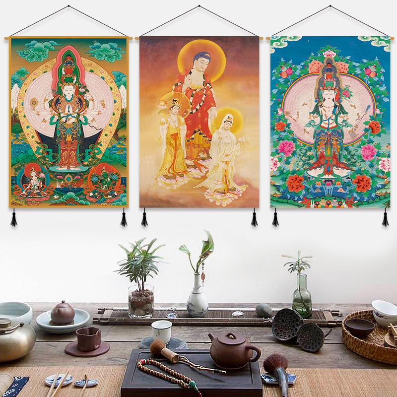 Chinese style Tangka Buddha cloth art hanging painting Hanging Cloth Buddha Hall Decoration Painting Bedroom Living Room Tapestry Tapestry of Feng Shui Mural Painting