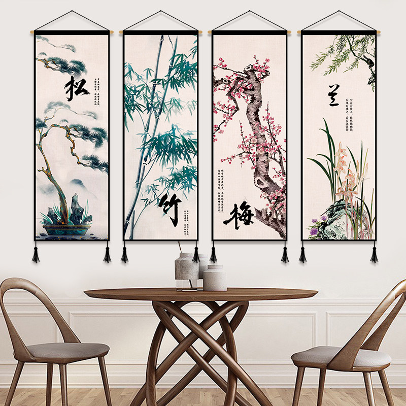 Chinese style cloth art hanging drawing room dining room Dining Hall Decoration Painting Tea Building Hotel Wall Painting Wall Painting Book House Hanging Blanket Melan Bamboo Chrysanthemum