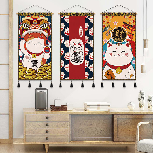 招财猫布艺挂画玄关客厅背景墙装饰画民宿挂毯墙画日式挂布遮挡布