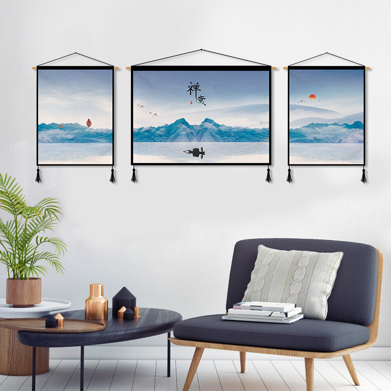 Chinese Zen landscape triple canvas art hanging painting living room sofa background wall decorative painting study porch tapestry