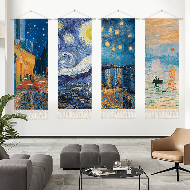 Van Gogh Oil Painting Tapestry Background Wall Hanging Cloth Wall Art Bedside Decoration Hanging Painting Electric Meter Box Cover Handmade Woven Tassels