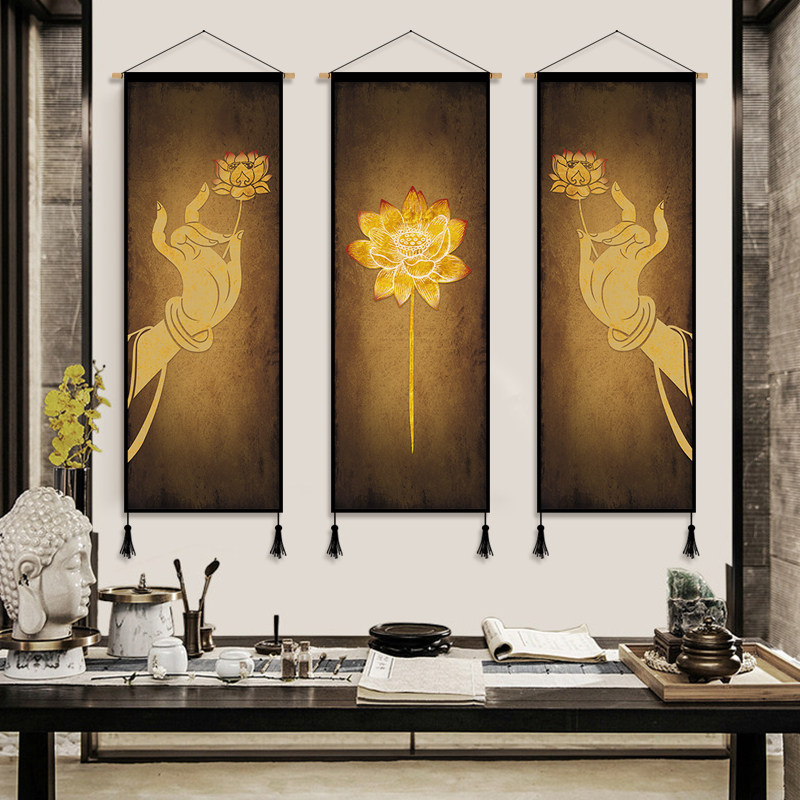New Chinese bergamot lotus cloth art hanging painting Zen bedroom study tapestry homestay living room decorative painting hanging cloth wall covering