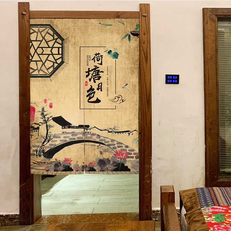 Retro High-end Cotton Hemp Cloth Art Door Curtain Chinese Zen half-curtain Kitchen Bedroom Partition Window Home Free of perforated hanging curtain