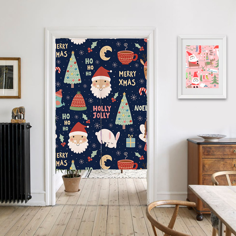 Christmas Day cartoon fabric door curtain Bedroom half curtain Kitchen partition curtain Entrance cloth curtain Free perforation decorative hanging curtain
