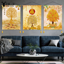 New Chinese Feng Shui Decoration Painting Living Room Gold Shake Money Tree Cloth Art Hanging Painting Tapestry Entrance Hall Wall Wall Background Cloth