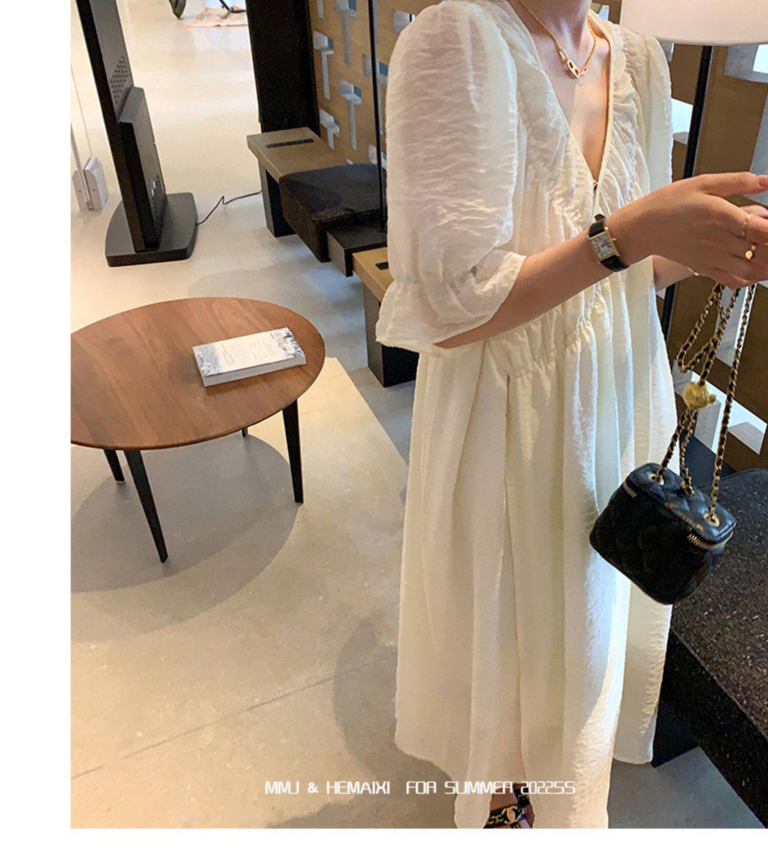 2022夏季温柔风无领绑带披挂式V领连衣裙女系带收腰显瘦A字裙详情27