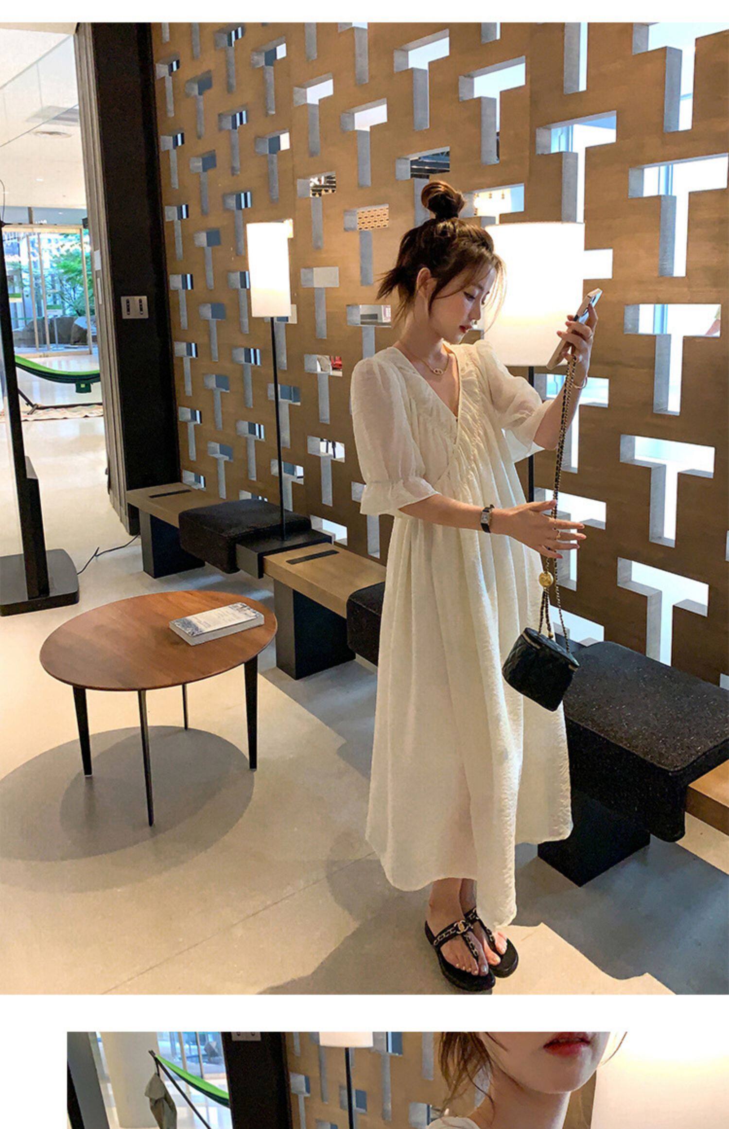 2022夏季温柔风无领绑带披挂式V领连衣裙女系带收腰显瘦A字裙详情26