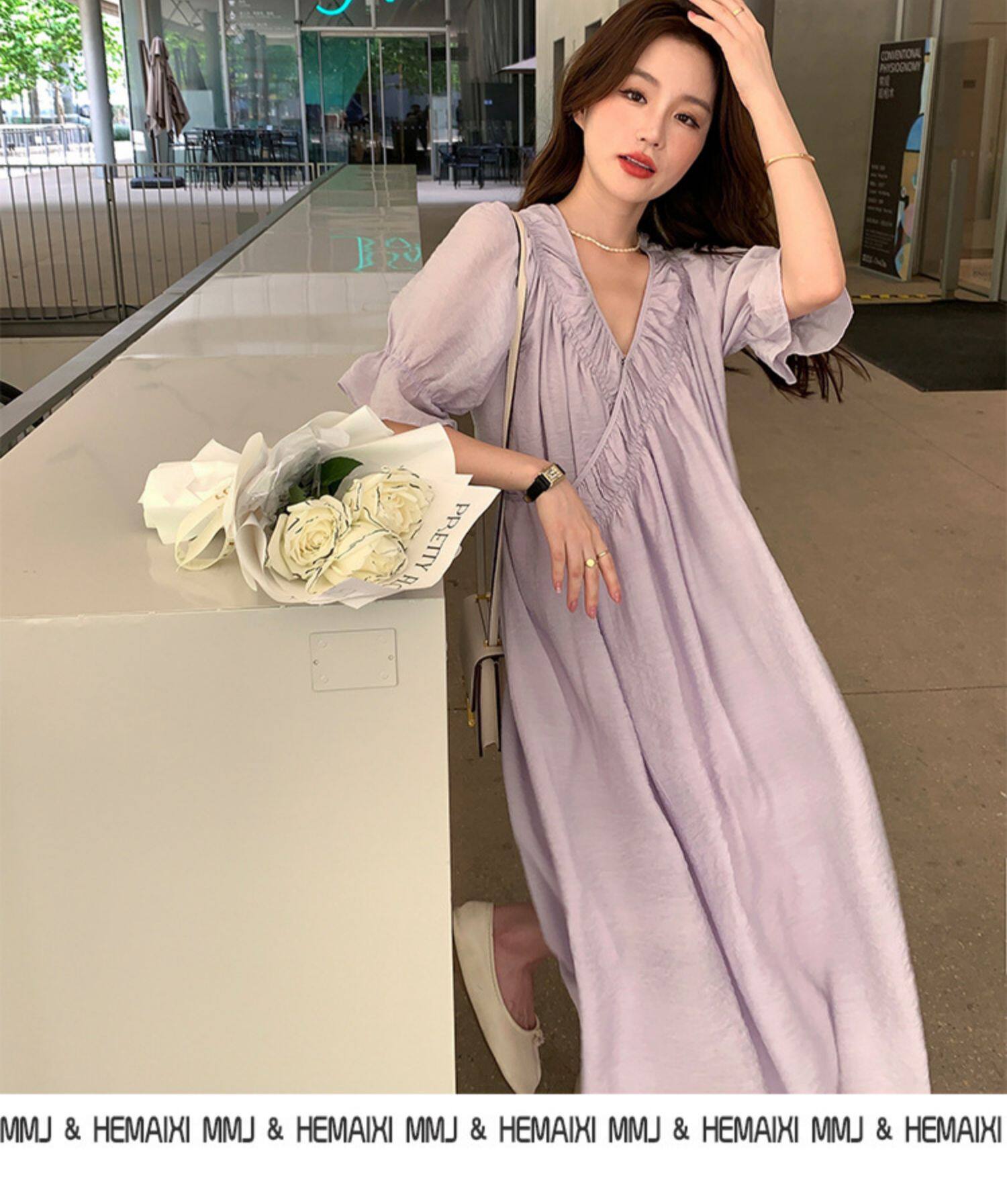 2022夏季温柔风无领绑带披挂式V领连衣裙女系带收腰显瘦A字裙详情6