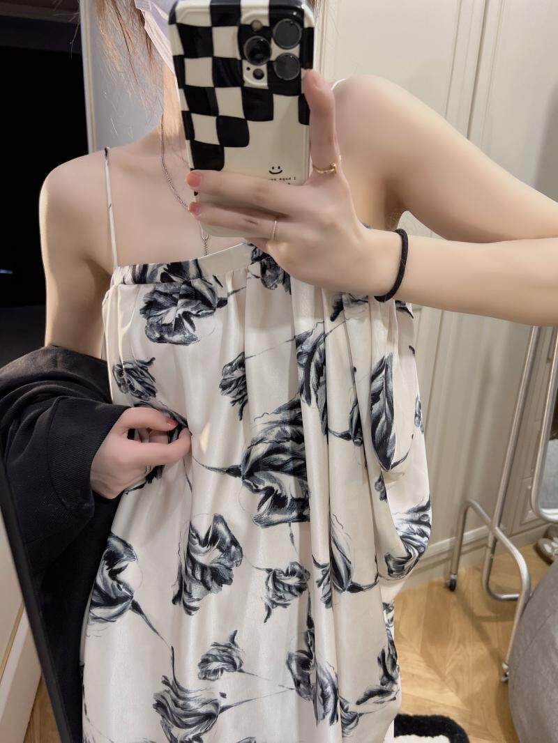 chic French retro high-end halter dress, summer ink-wash print, beach vacation, seaside photo long dress for women pic 3