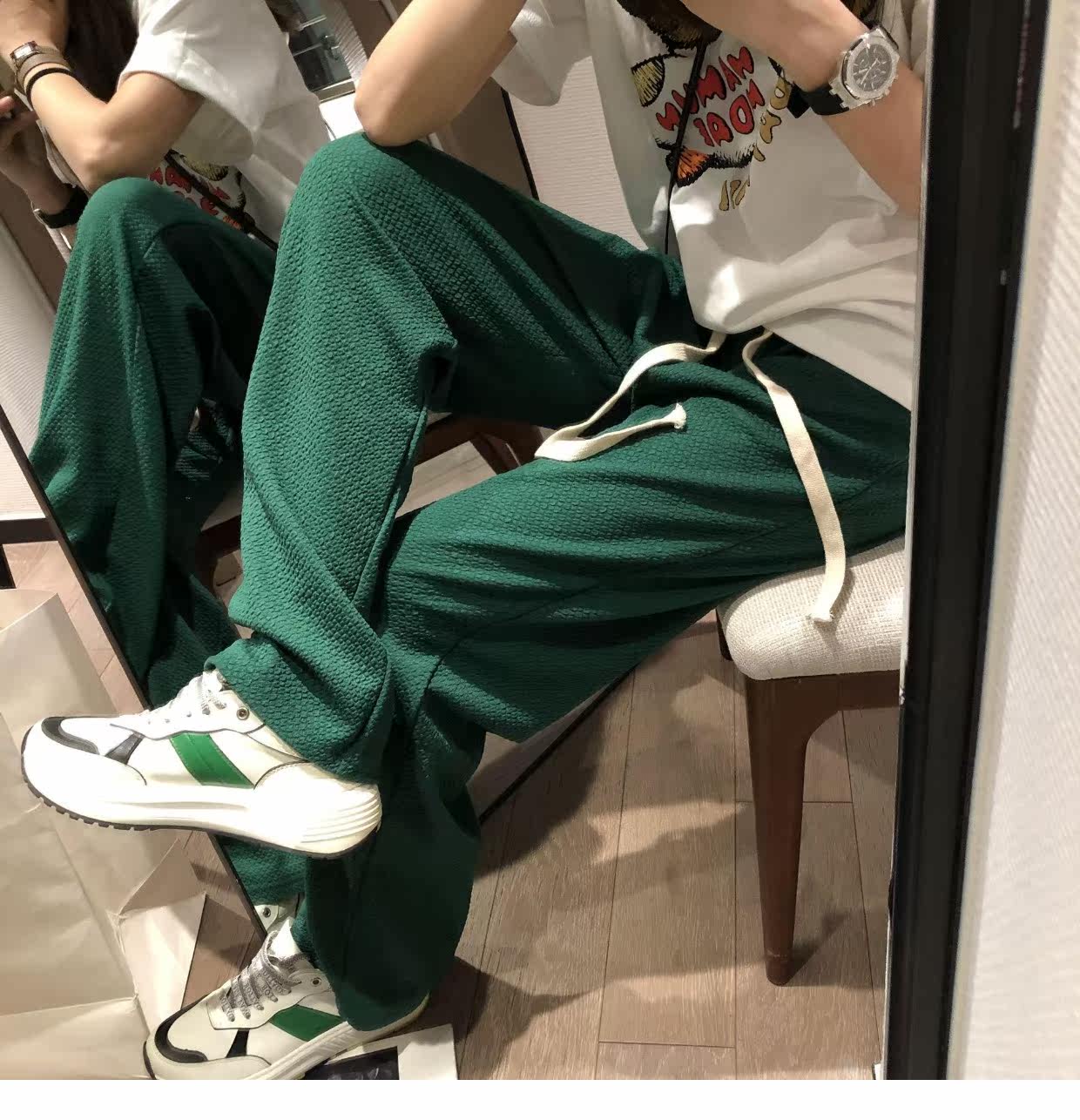 泡泡纱抽绳阔腿长裤2022春装新款直筒宽松高腰垂感显瘦长裤详情25