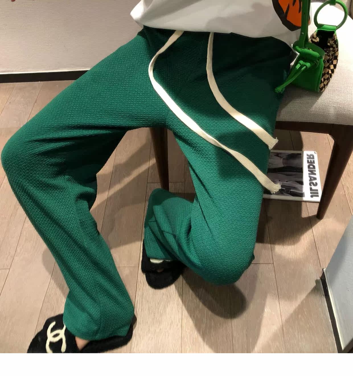 泡泡纱抽绳阔腿长裤2022春装新款直筒宽松高腰垂感显瘦长裤详情24