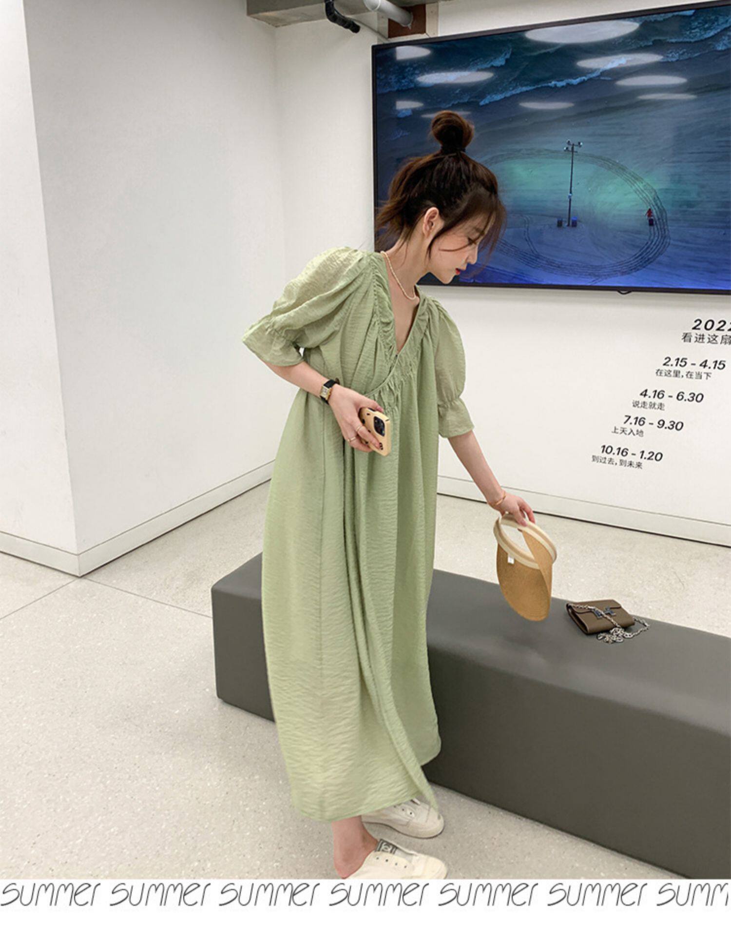 2022夏季温柔风无领绑带披挂式V领连衣裙女系带收腰显瘦A字裙详情12