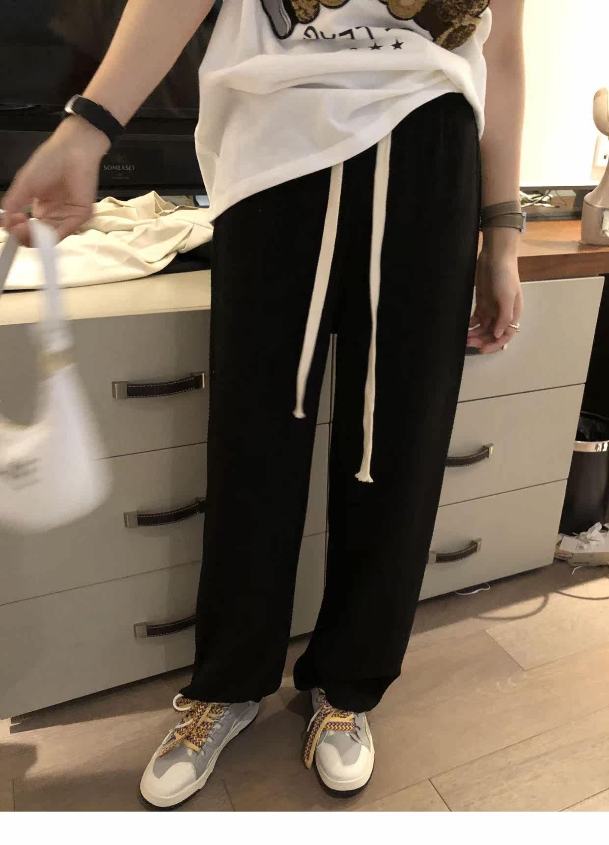 泡泡纱抽绳阔腿长裤2022春装新款直筒宽松高腰垂感显瘦长裤详情15