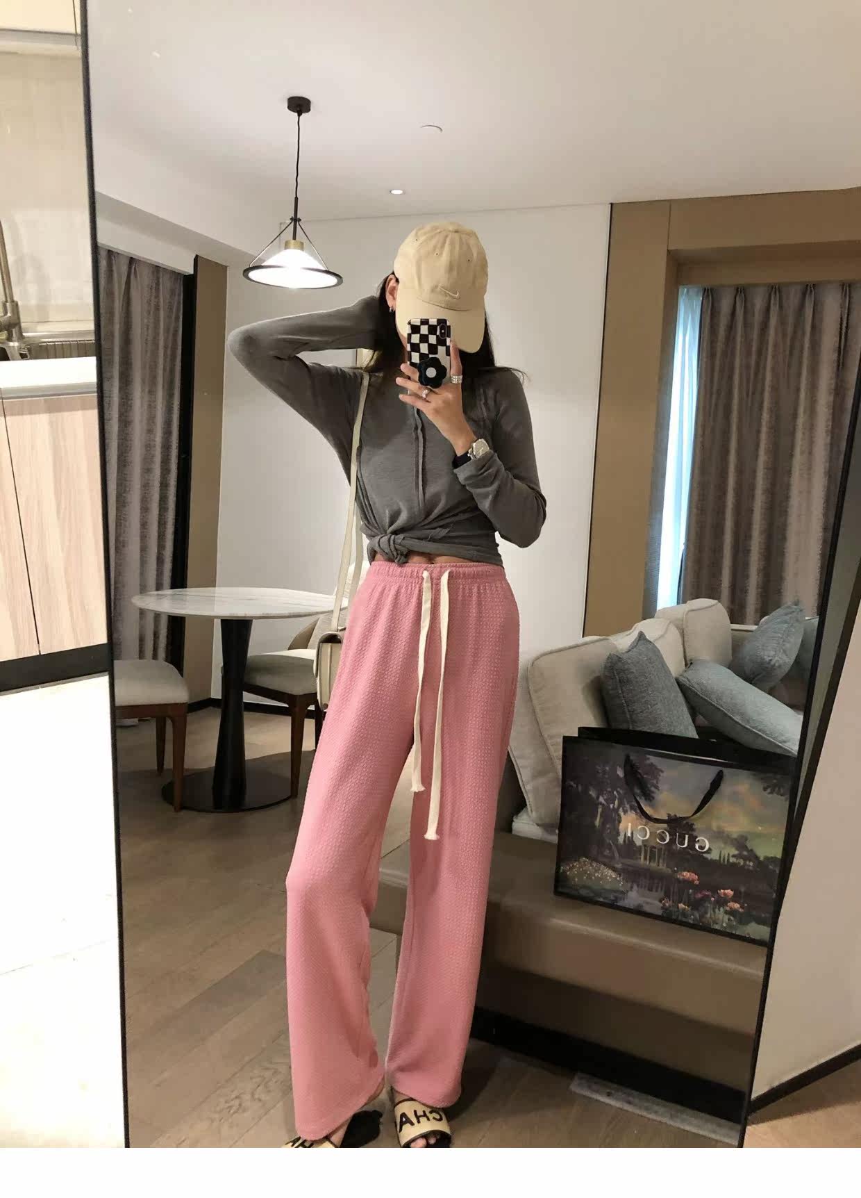 泡泡纱抽绳阔腿长裤2022春装新款直筒宽松高腰垂感显瘦长裤详情6