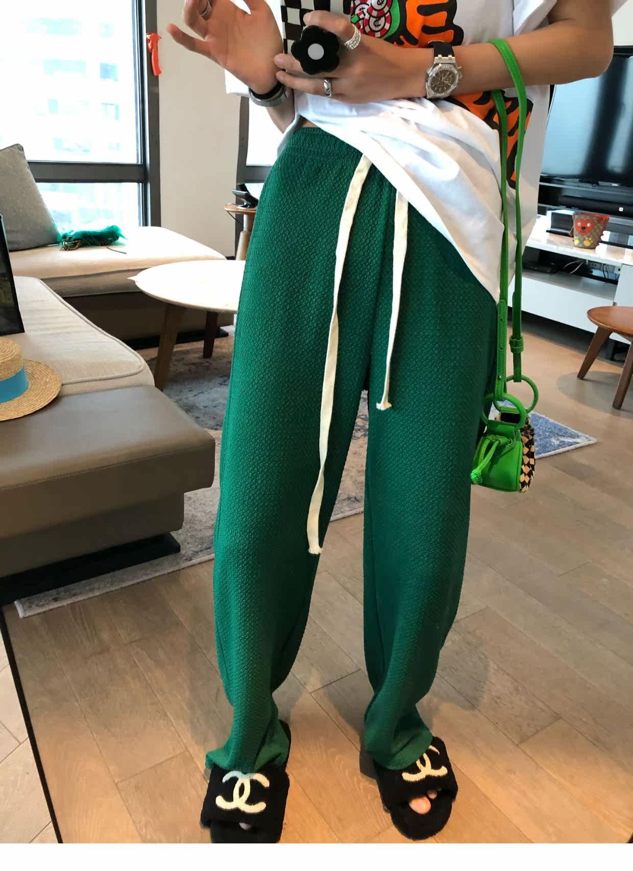 泡泡纱抽绳阔腿长裤2022春装新款直筒宽松高腰垂感显瘦长裤详情23