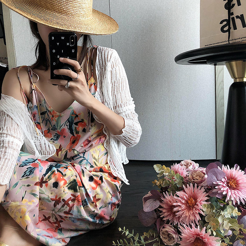 吊带V领挑粉碎花连衣裙长裙女A字裙2022夏季新显瘦优雅甜美纯欲详情8