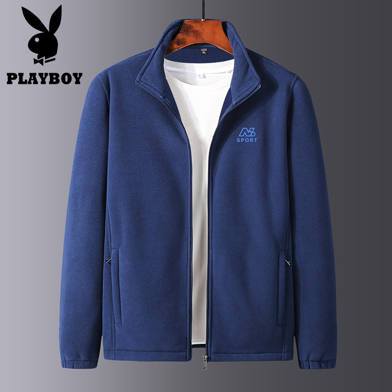 Playboy 2021 spring and autumn men's cardigan fleece thick cotton T middle-aged and elderly polar fleece stand-up collar jacket dad wear