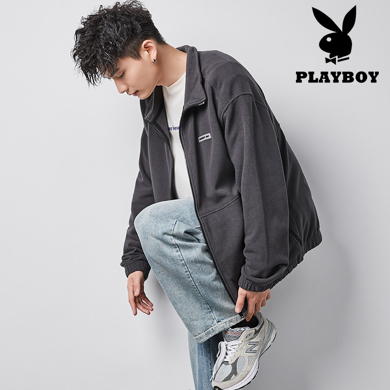 Playboy polar fleece men's spring and autumn Korean trend stand-up collar loose casual jacket youth warm jacket
