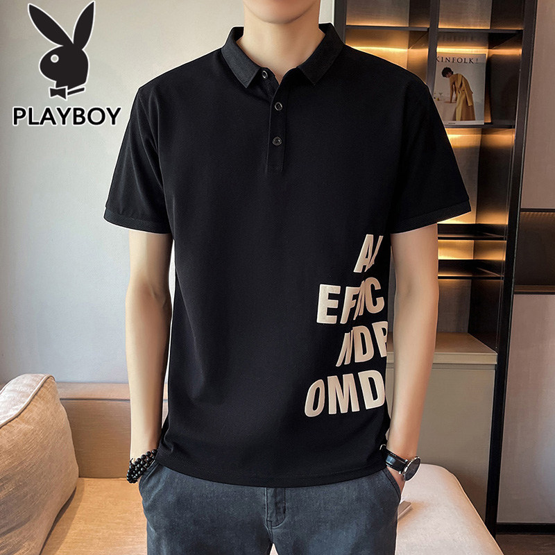 Playboy summer cotton T-shirt men's short-sleeved black lapel tide brand handsome half-sleeved wild polo shirt men
