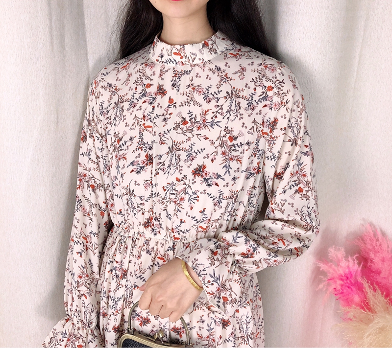 Mùa thu nấm cổ áo retro cao cổ áo in cao eo loe tay áo dài tính khí mỏng đáy váy váy váy cưới đơn giản