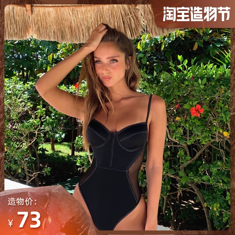 Europe and the United States Black one-piece swimsuit Female sense mesh bikini steel tray gathered hot spring swimsuit thin swimsuit