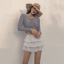 Korean style small fragrant wind swimsuit three-piece Net red long sleeve high waist hot spring bikini small chest gathered flat corner swimsuit