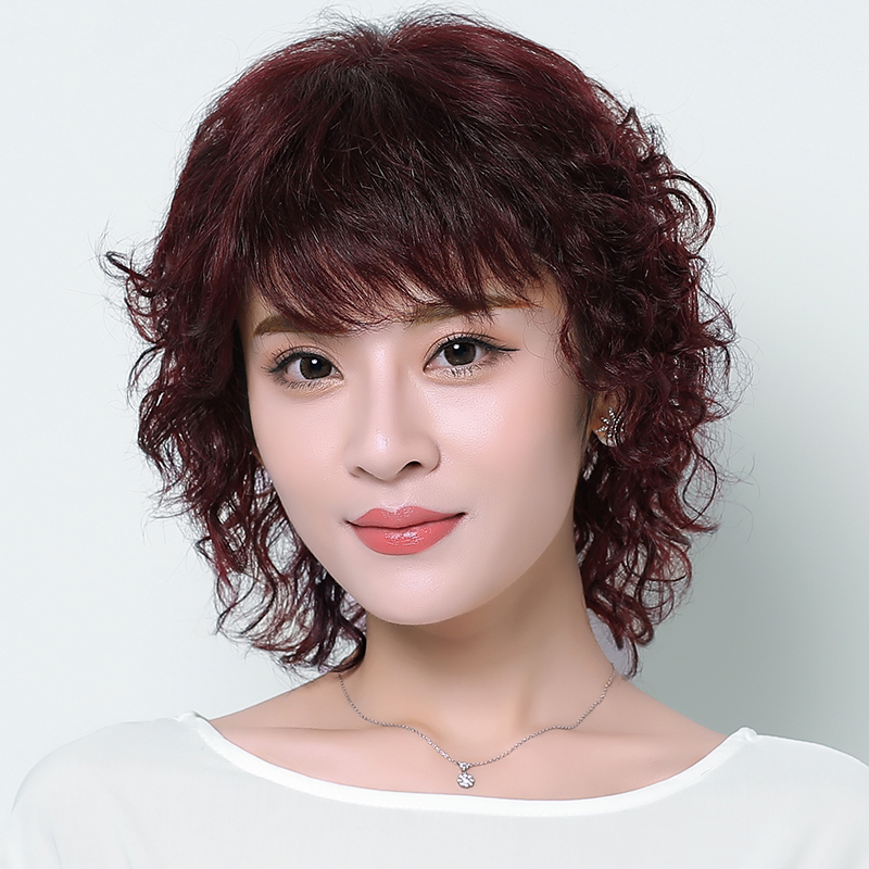 Send mother real hair wig female short hair short curly hair real hair silk natural long curly hair type middle-aged wig set