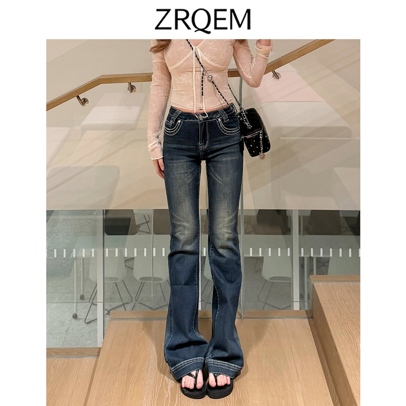 Zrqem American-Style Low-Waisted Flared Jeans for Women 2026 Summer New Elastic Slimming Non-Tight Flared Pants