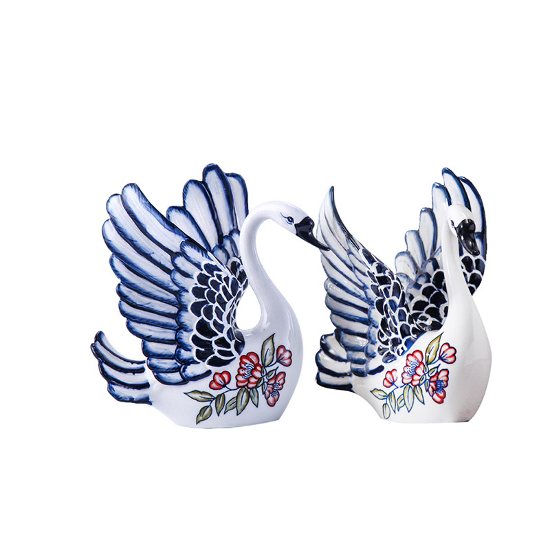 Blue and white porcelain ceramic swan sitting room porch ark adornment TV ark, furnishing articles household ceramic arts and crafts
