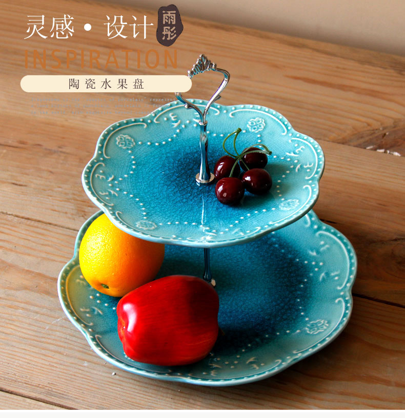 Continental ice crack glaze ceramic double compote creative I sitting room key-2 luxury home afternoon tea tea table plate