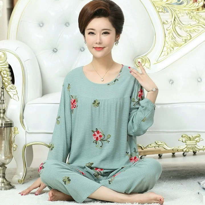 Bộ đồ ngủ cho bà mẹ mùa xuân và mùa thu cotton và lanh dài tay cho người trung niên cỡ lớn cotton lụa mỏng cho phụ nữ mặc nhà - Nam giới