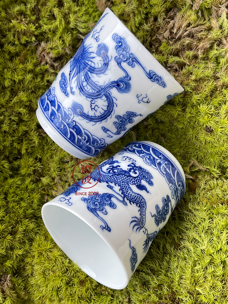 Those jingdezhen blue and white nine calcinations hand longfeng hand made blue and white porcelain cup cup bamboo cup