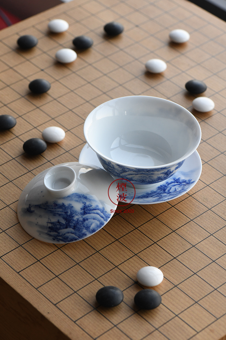 Jingdezhen blue and white nine calcinations hand hand made blue and white porcelain cup landscape tureen three cups