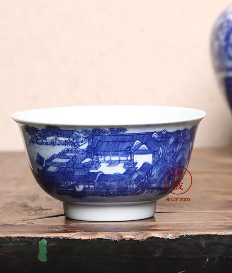 Jingdezhen sleep mountain hidden up the reform model of blue and white heavy yuanmingyuan peng island YaoTai sample tea cup tea cups