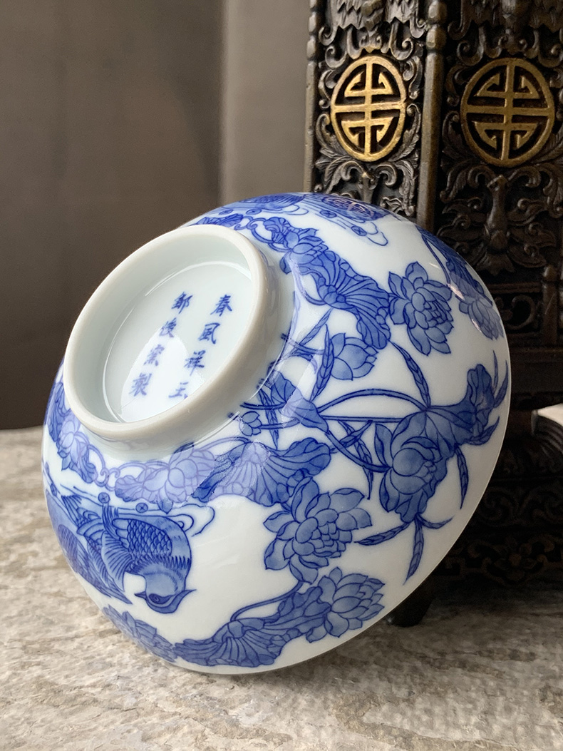 Jingdezhen spring auspicious jade Zou Jun up of eight of the blue and white lotus yuanyang new painting of flat bowl cups