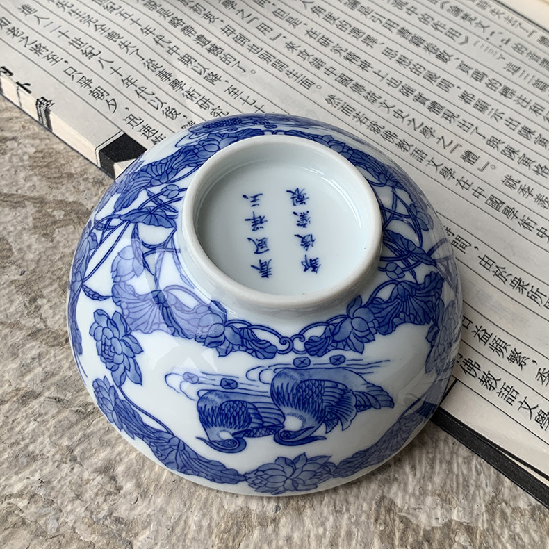 Jingdezhen spring auspicious jade Zou Jun up of eight of the blue and white lotus yuanyang new painting of flat bowl cups