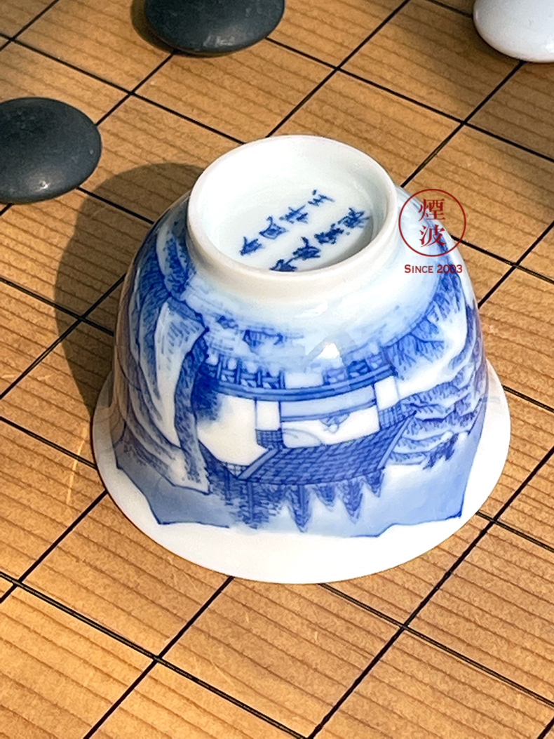 Jingdezhen spring auspicious jade Zou Jun up and the blue and white water rafting hut the bell cup eight new system